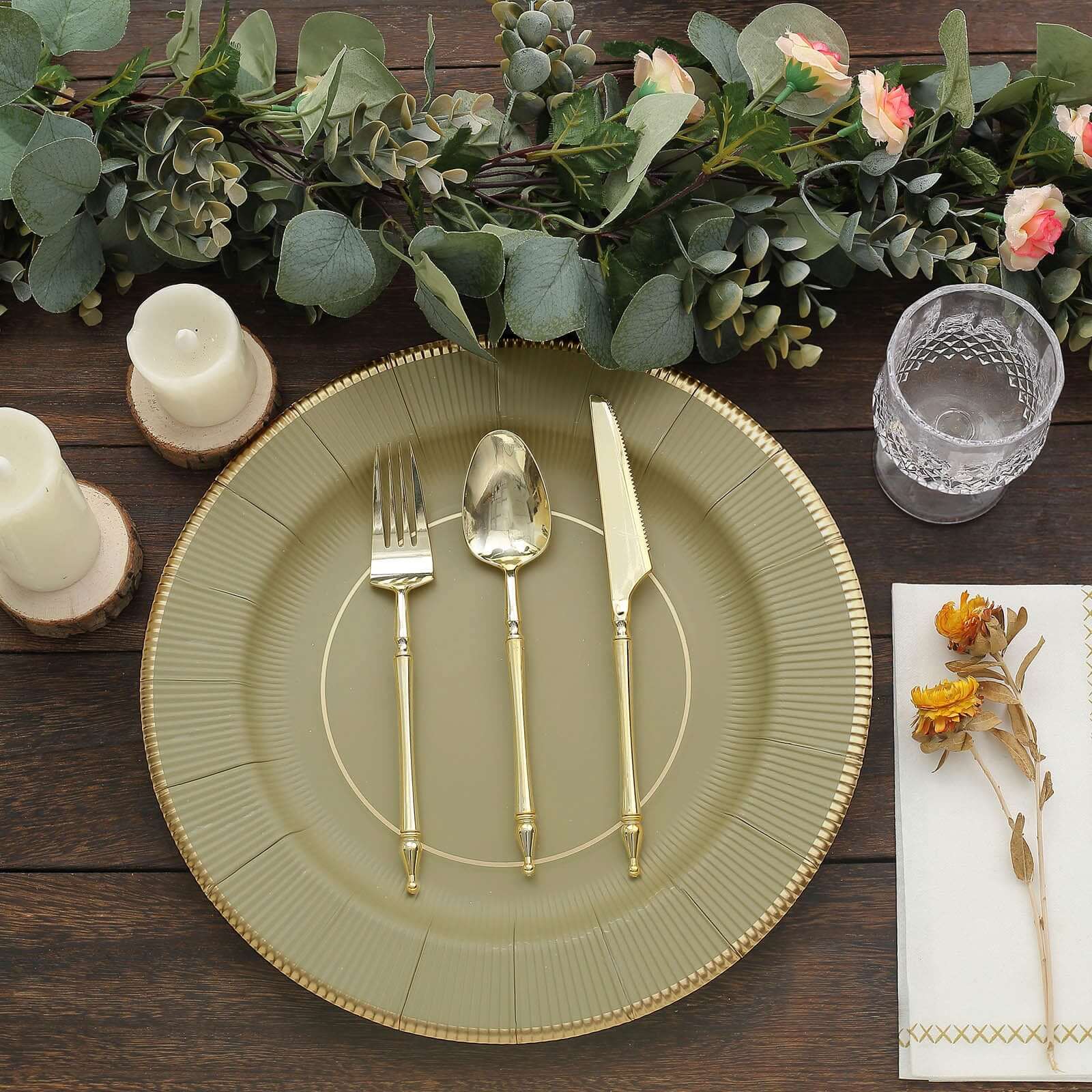 25 - Pack Disposable Round Charger Plates in Khaki Sunray Design with Gold Rim - 350GSM Heavy Duty Paper Chargers 13" - Bell Racket Store