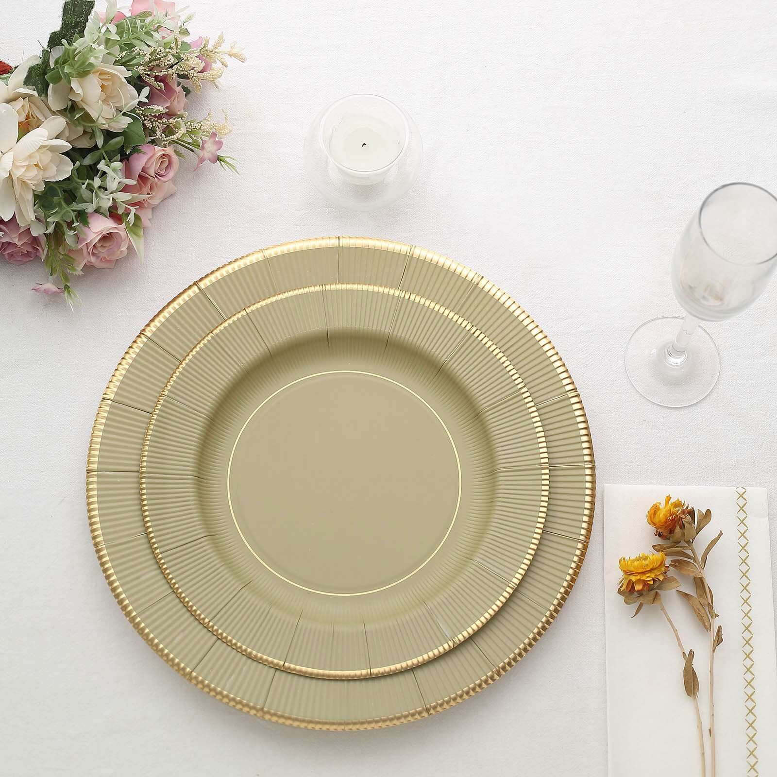 25 - Pack Disposable Round Charger Plates in Khaki Sunray Design with Gold Rim - 350GSM Heavy Duty Paper Chargers 13" - Bell Racket Store