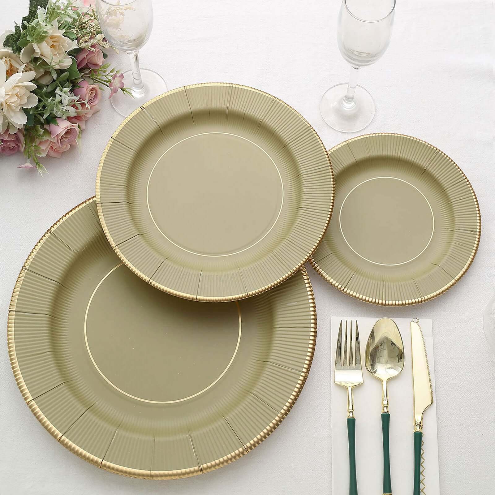 25 - Pack Disposable Round Charger Plates in Khaki Sunray Design with Gold Rim - 350GSM Heavy Duty Paper Chargers 13" - Bell Racket Store
