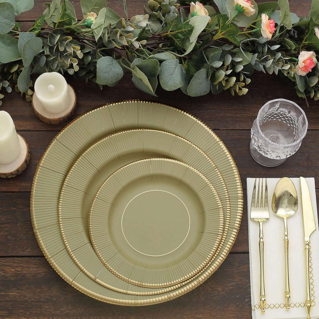 25 - Pack Disposable Round Charger Plates in Khaki Sunray Design with Gold Rim - 350GSM Heavy Duty Paper Chargers 13" - Bell Racket Store