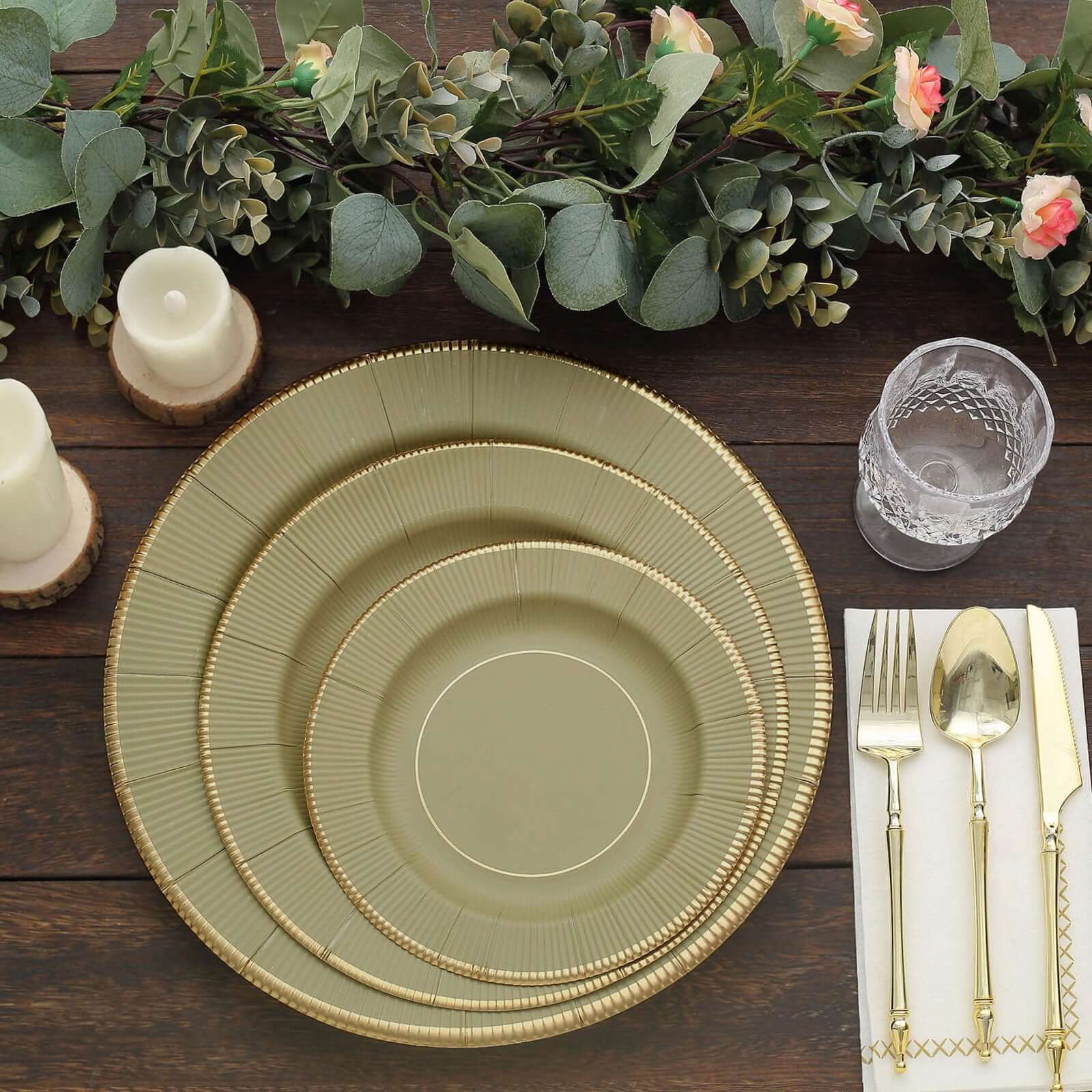 25 - Pack Disposable Round Charger Plates in Khaki Sunray Design with Gold Rim - 350GSM Heavy Duty Paper Chargers 13" - Bell Racket Store