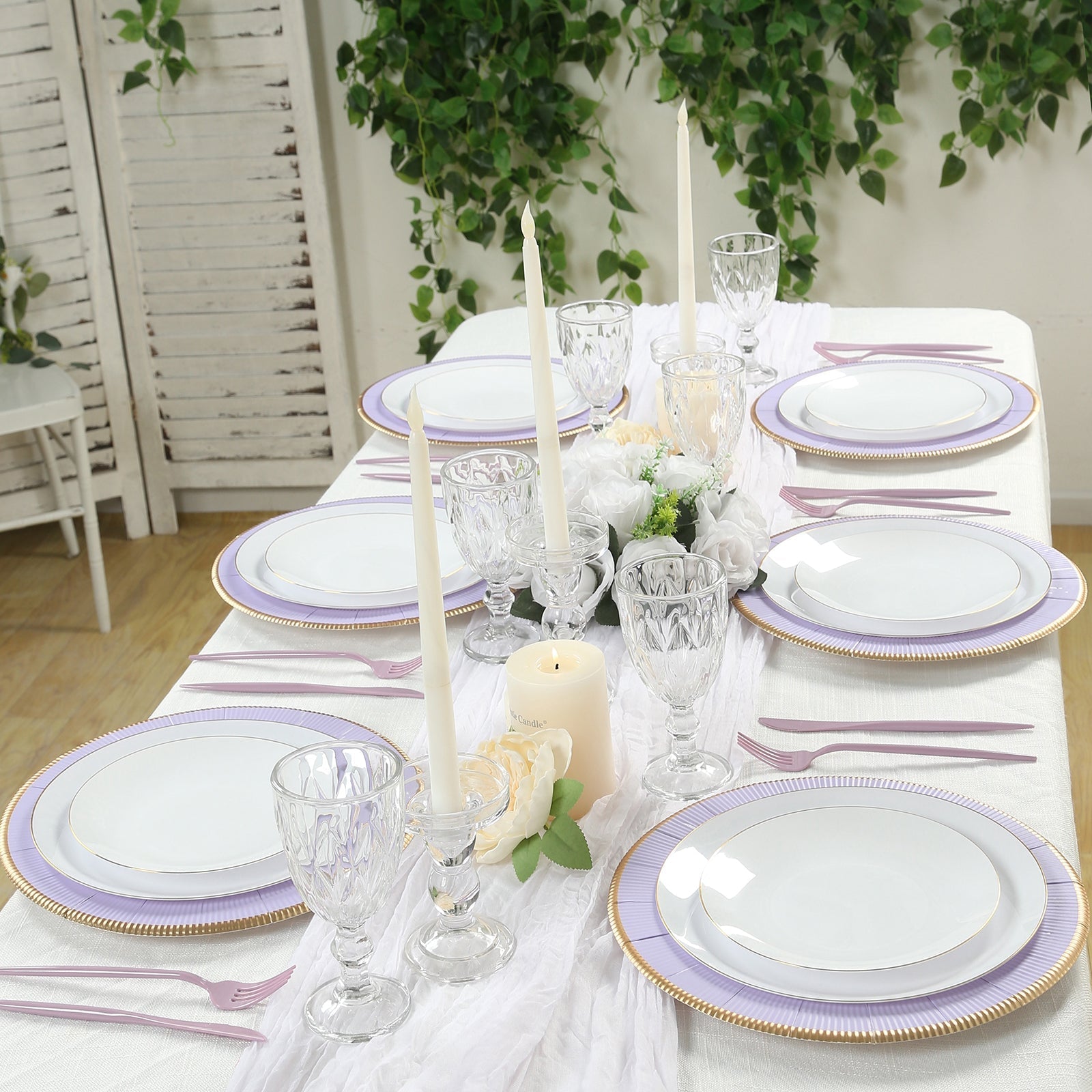 25 - Pack Disposable Round Charger Plates in Lavender Lilac Sunray Design with Gold Rim - 350GSM Heavy Duty Paper Chargers 13" - Bell Racket Store