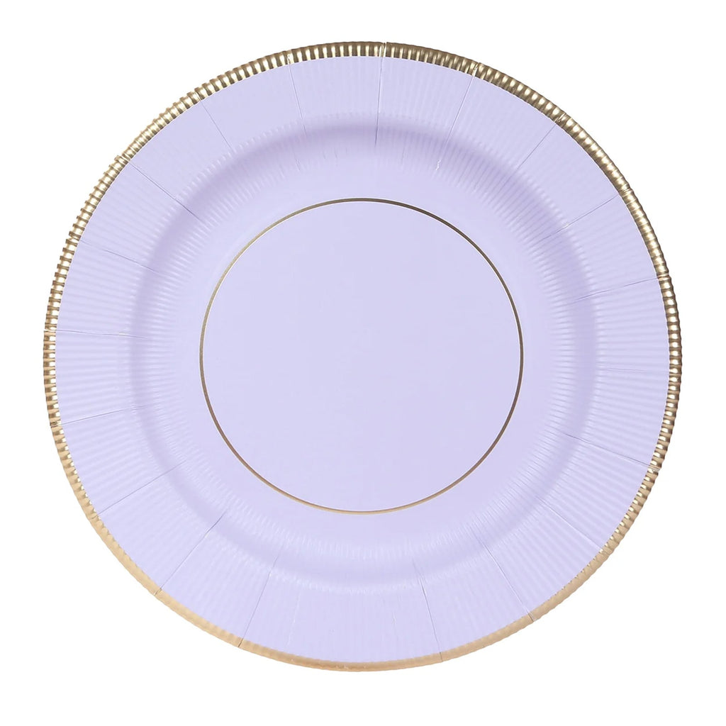 25 - Pack Disposable Round Charger Plates in Lavender Lilac Sunray Design with Gold Rim - 350GSM Heavy Duty Paper Chargers 13" - Bell Racket Store