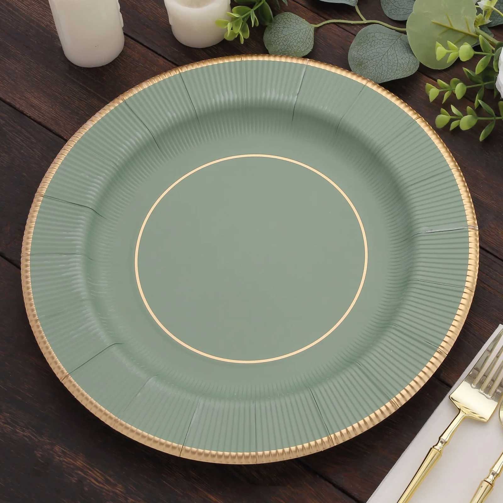 25 - Pack Disposable Round Charger Plates in Sage Green Sunray Design with Gold Rim - 350GSM Heavy Duty Paper Chargers 13" - Bell Racket Store