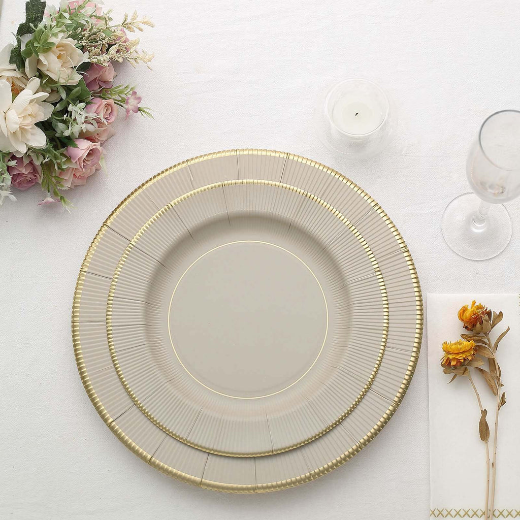 25 - Pack Disposable Round Charger Plates in Taupe Sunray Design with Gold Rim - 350GSM Heavy Duty Paper Chargers 13" - Bell Racket Store