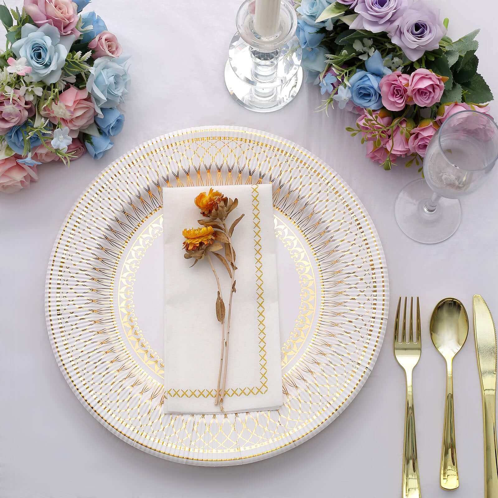 25 - Pack Disposable Round Charger Plates in White/Gold Vintage Style - 350GSM Durable Paper Chargers for Events 13" - Bell Racket Store