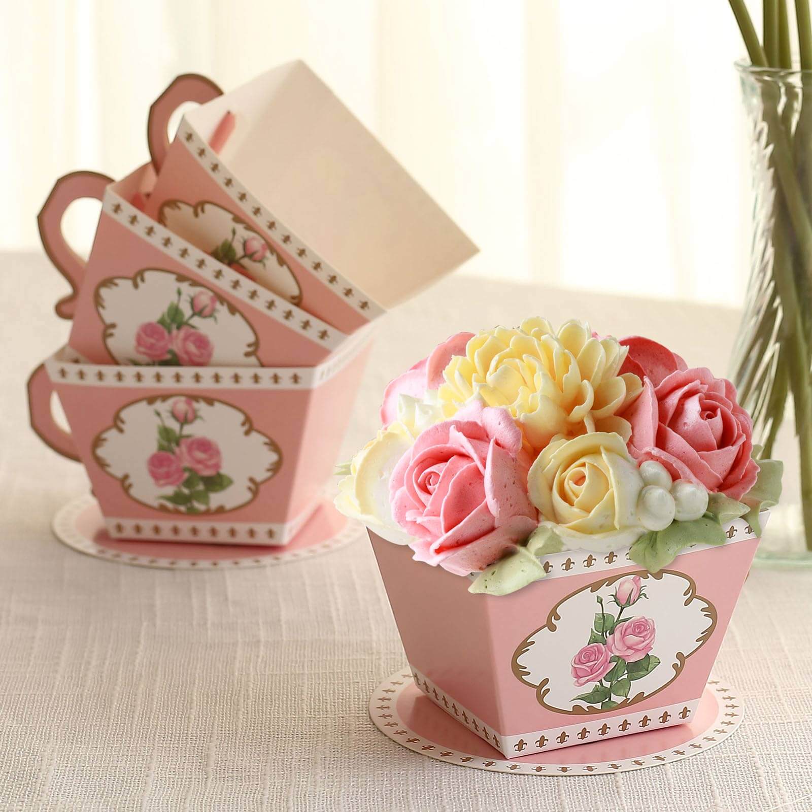 25 Pack Dusty Rose Mini Teacup and Saucer Party Favor Boxes with Rose Floral Print, Tea Time Candy Boxes - 4"x3" - Bell Racket Store