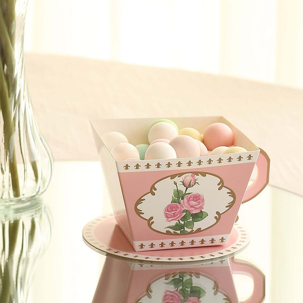 25 Pack Dusty Rose Mini Teacup and Saucer Party Favor Boxes with Rose Floral Print, Tea Time Candy Boxes - 4"x3" - Bell Racket Store