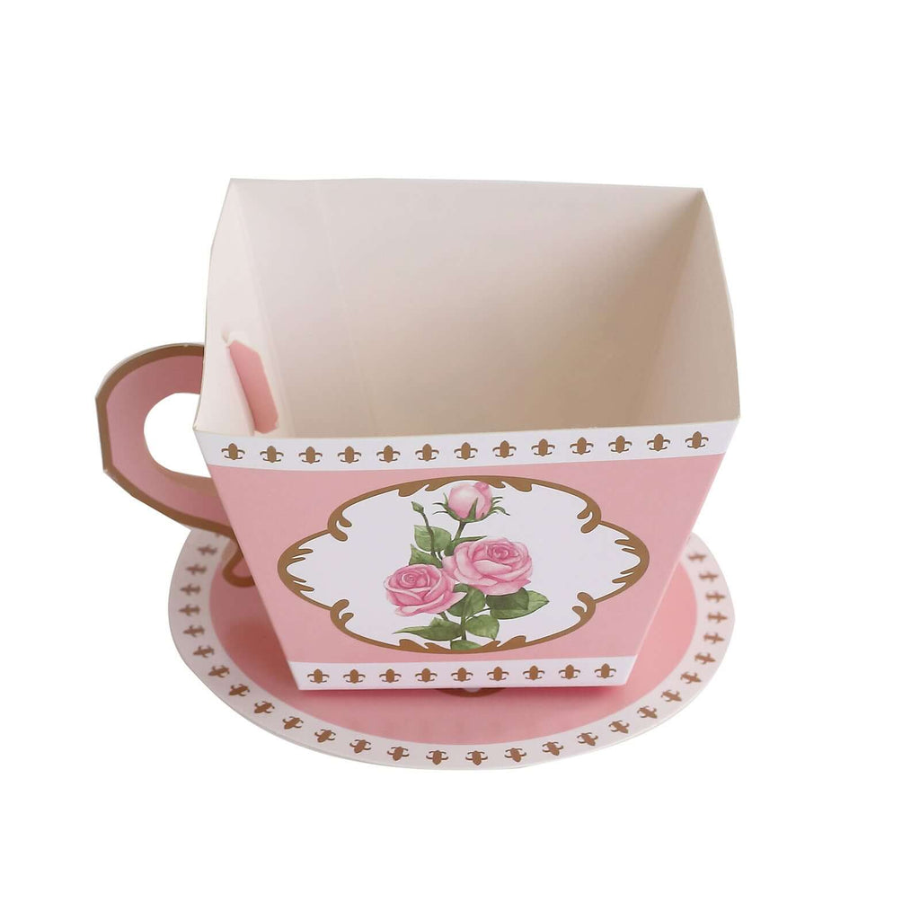 25 Pack Dusty Rose Mini Teacup and Saucer Party Favor Boxes with Rose Floral Print, Tea Time Candy Boxes - 4"x3" - Bell Racket Store