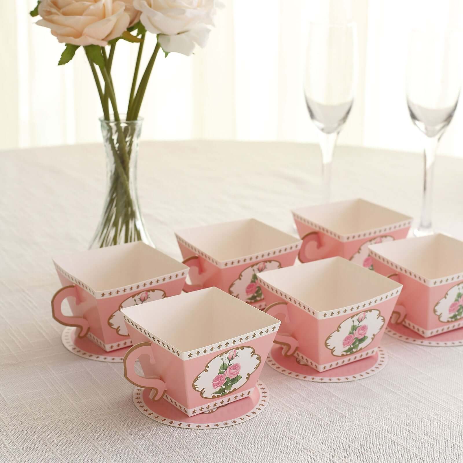 25 Pack Dusty Rose Mini Teacup and Saucer Party Favor Boxes with Rose Floral Print, Tea Time Candy Boxes - 4"x3" - Bell Racket Store