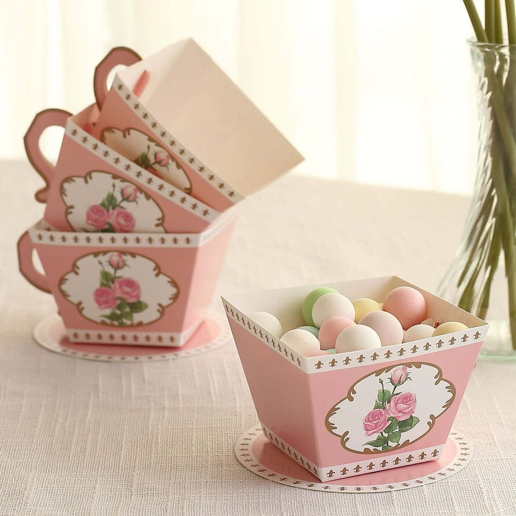 25 Pack Dusty Rose Mini Teacup and Saucer Party Favor Boxes with Rose Floral Print, Tea Time Candy Boxes - 4"x3" - Bell Racket Store