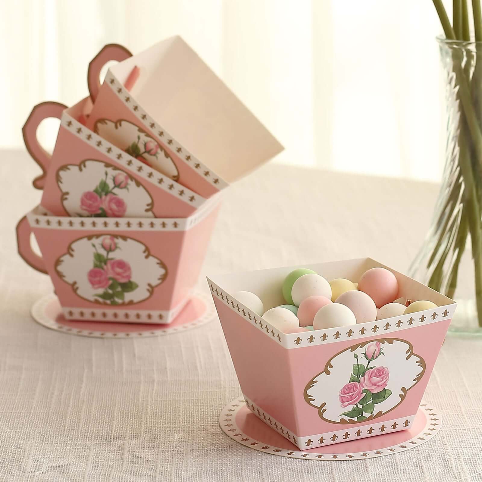 25 Pack Dusty Rose Mini Teacup and Saucer Party Favor Boxes with Rose Floral Print, Tea Time Candy Boxes - 4"x3" - Bell Racket Store