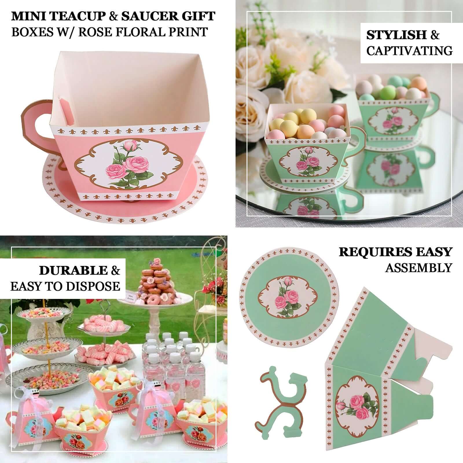 25 Pack Dusty Rose Mini Teacup and Saucer Party Favor Boxes with Rose Floral Print, Tea Time Candy Boxes - 4"x3" - Bell Racket Store