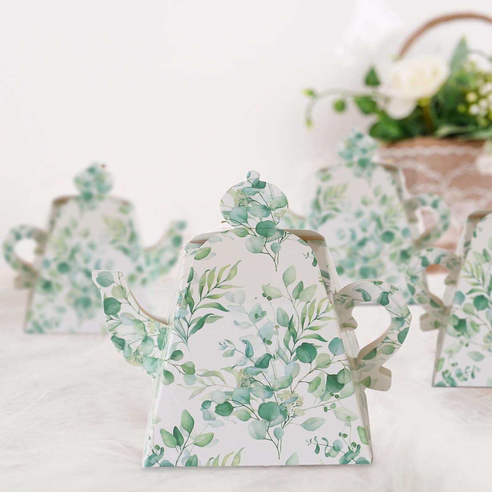 25 Pack Eucalyptus Greenery Mini Teapot Party Favor Boxes, Tea Time Gift Boxes - 5"x4" - Bell Racket Store