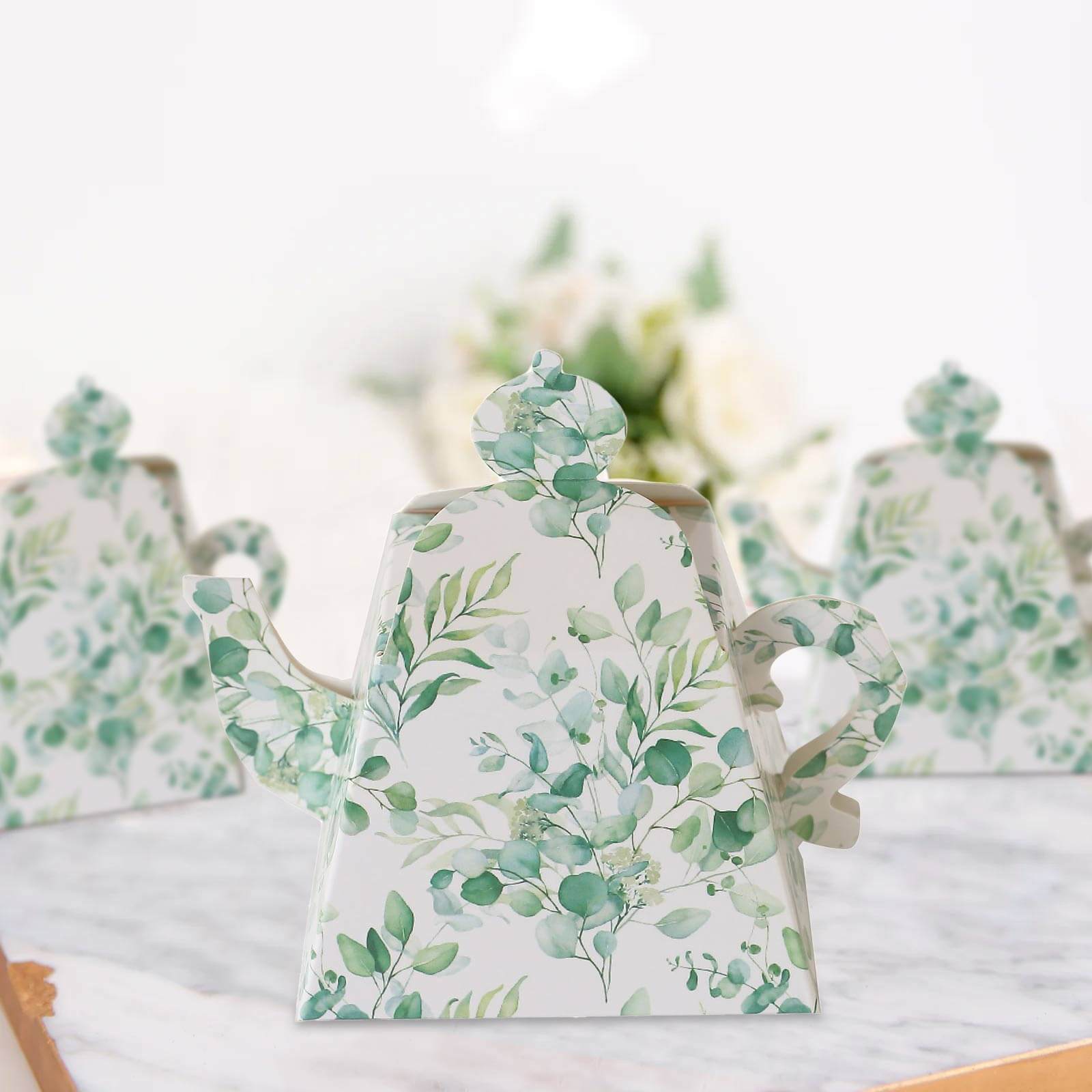 25 Pack Eucalyptus Greenery Mini Teapot Party Favor Boxes, Tea Time Gift Boxes - 5"x4" - Bell Racket Store