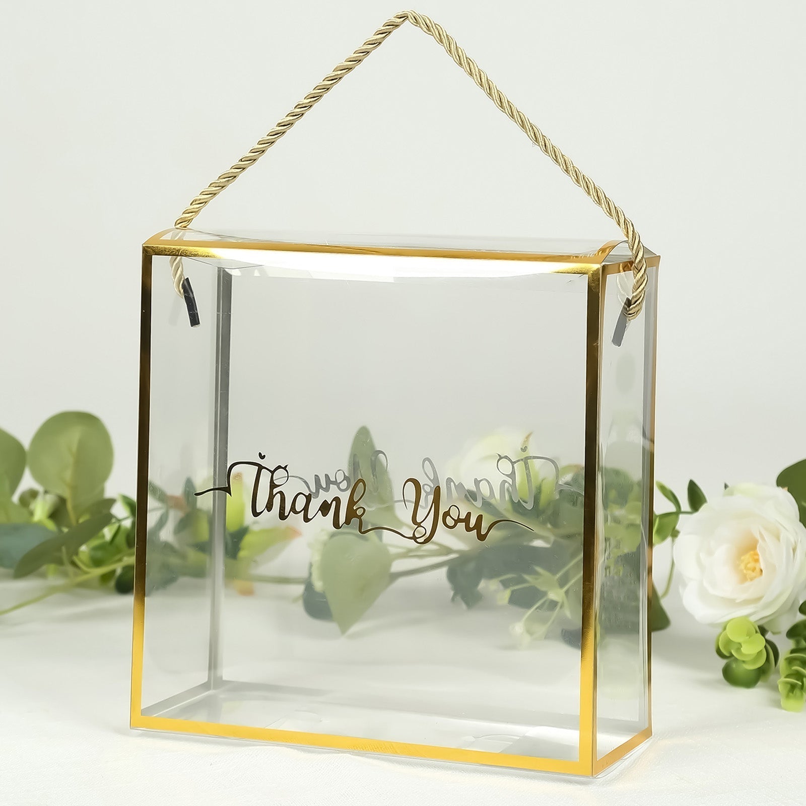 25 Pack Gold Trimmed Clear PVC Gift Boxes with Rope Handles and Thank You Print, Square Transparent Portable Candy Favor Boxes - 8"x8" - Bell Racket Store