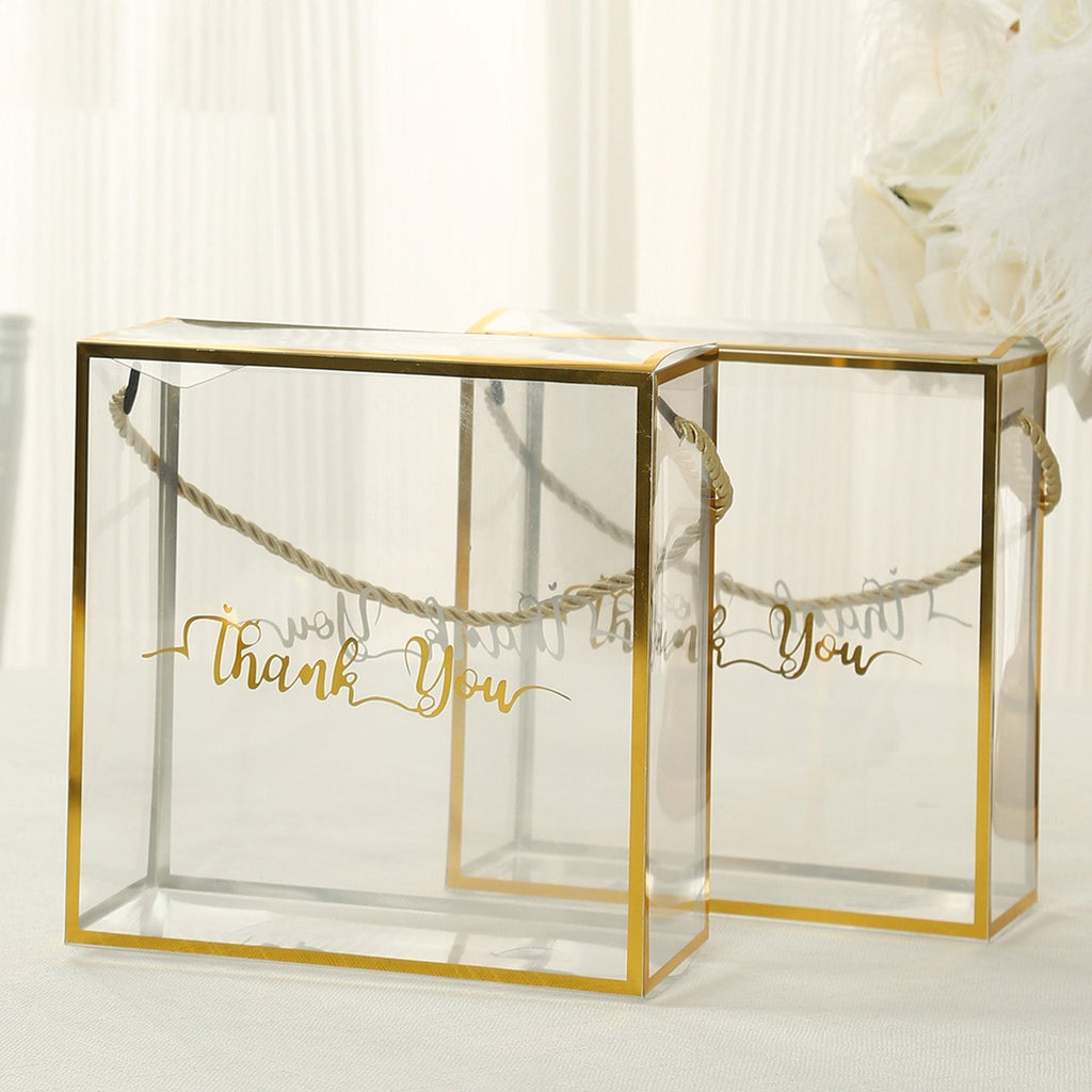 25 Pack Gold Trimmed Clear PVC Gift Boxes with Rope Handles and Thank You Print, Square Transparent Portable Candy Favor Boxes - 8"x8" - Bell Racket Store