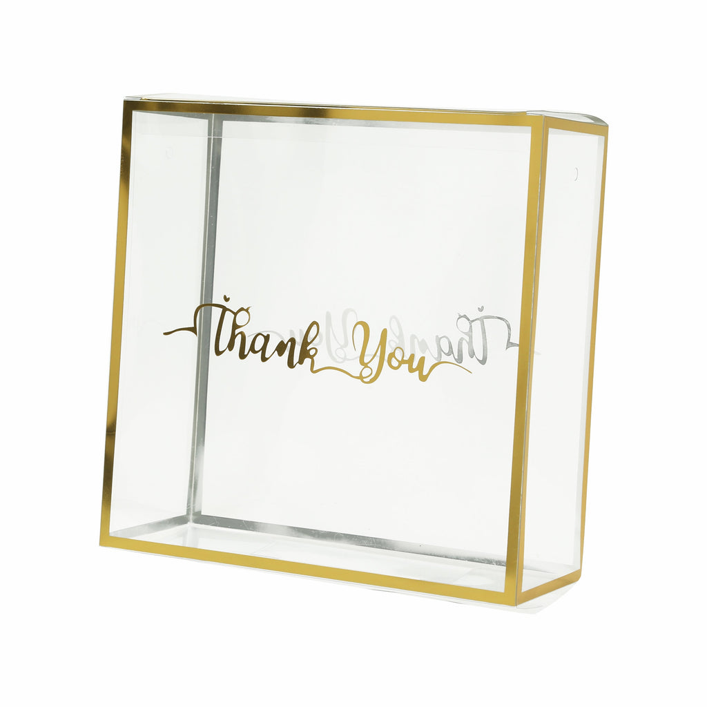 25 Pack Gold Trimmed Clear PVC Gift Boxes with Rope Handles and Thank You Print, Square Transparent Portable Candy Favor Boxes - 8"x8" - Bell Racket Store