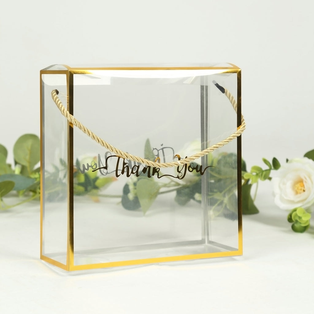 25 Pack Gold Trimmed Clear PVC Gift Boxes with Rope Handles and Thank You Print, Square Transparent Portable Candy Favor Boxes - 8"x8" - Bell Racket Store