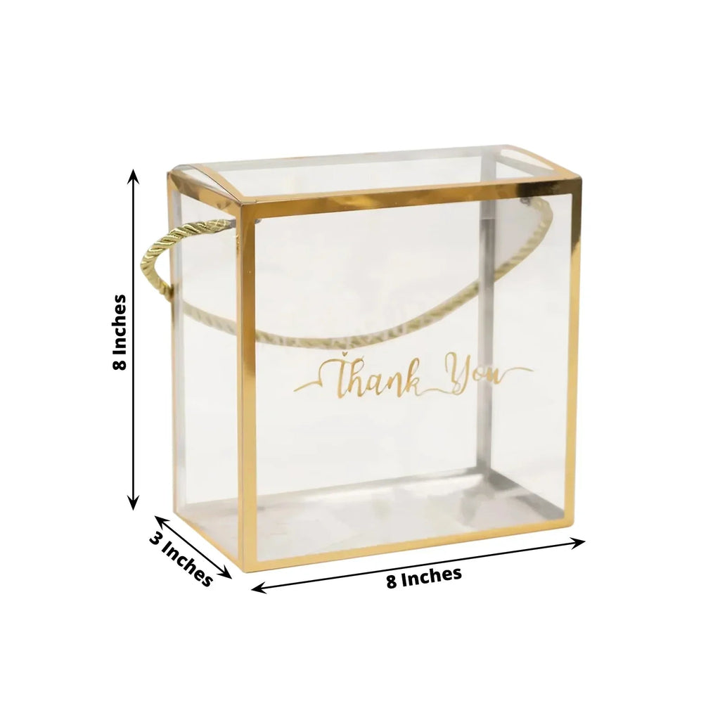25 Pack Gold Trimmed Clear PVC Gift Boxes with Rope Handles and Thank You Print, Square Transparent Portable Candy Favor Boxes - 8"x8" - Bell Racket Store