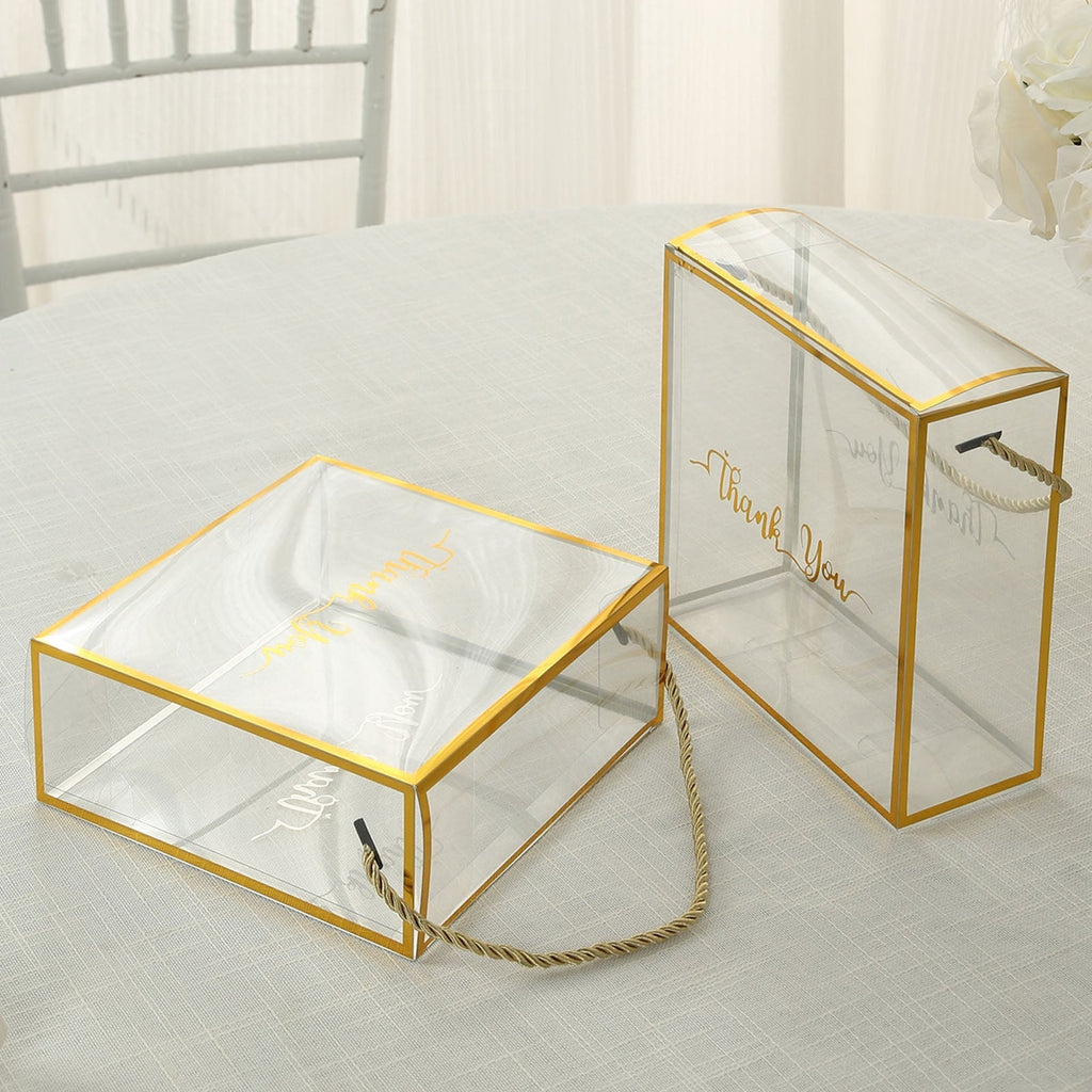 25 Pack Gold Trimmed Clear PVC Gift Boxes with Rope Handles and Thank You Print, Square Transparent Portable Candy Favor Boxes - 8"x8" - Bell Racket Store