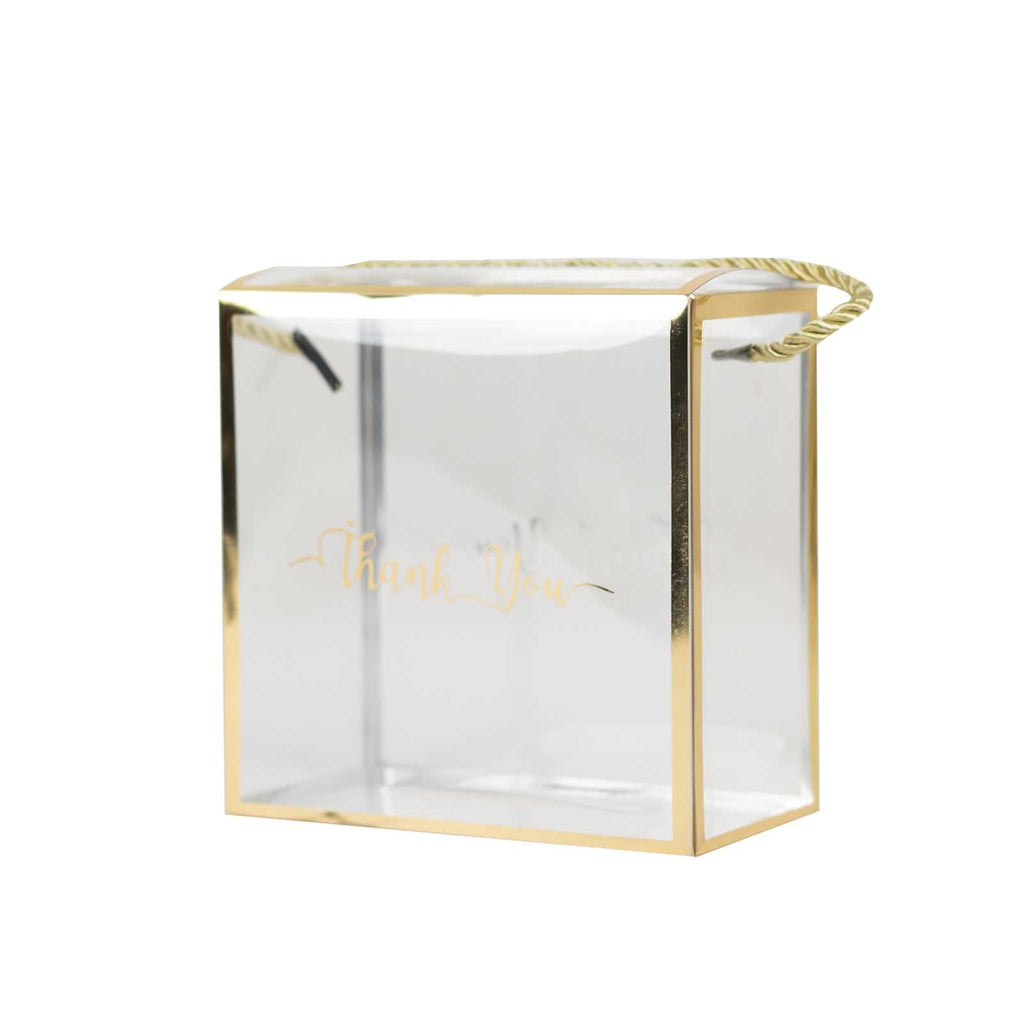25 Pack Gold Trimmed Clear PVC Gift Boxes with Rope Handles and Thank You Print, Transparent Portable Candy Favor Boxes - 5.5"x5.5" - Bell Racket Store
