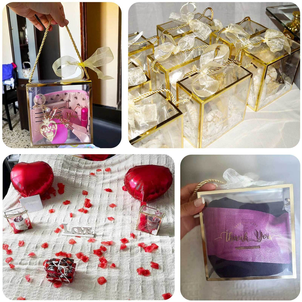 25 Pack Gold Trimmed Clear PVC Gift Boxes with Rope Handles and Thank You Print, Transparent Portable Candy Favor Boxes - 5.5"x5.5" - Bell Racket Store