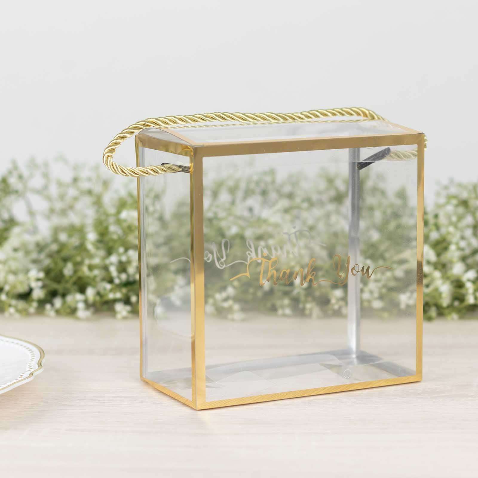 25 Pack Gold Trimmed Clear PVC Gift Boxes with Rope Handles and Thank You Print, Transparent Portable Candy Favor Boxes - 5.5"x5.5" - Bell Racket Store