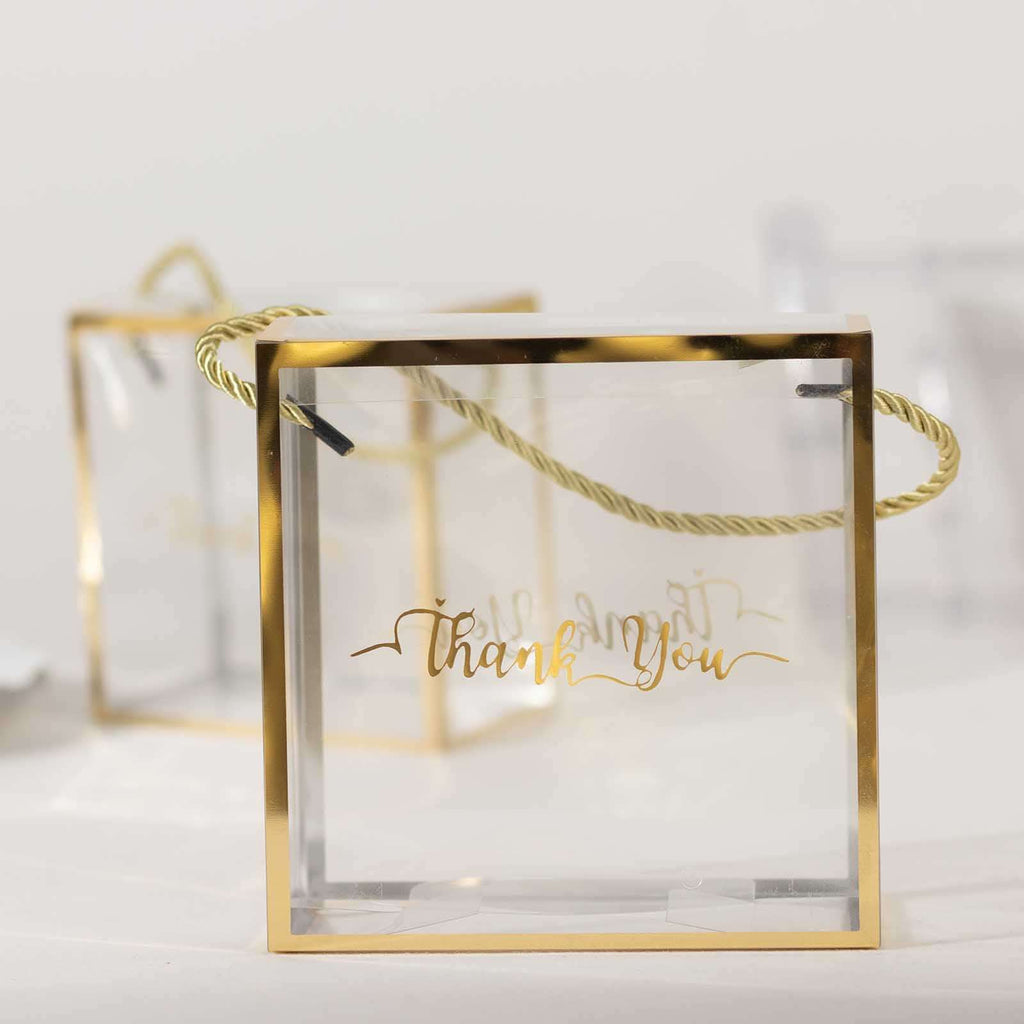 25 Pack Gold Trimmed Clear PVC Gift Boxes with Rope Handles and Thank You Print, Transparent Portable Candy Favor Boxes - 5.5"x5.5" - Bell Racket Store