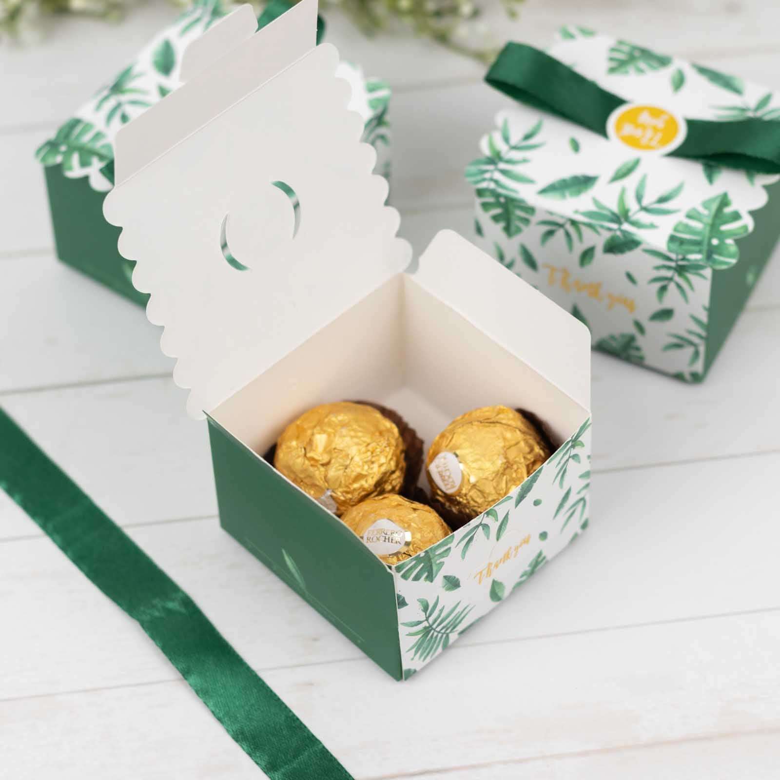 25 Pack Green Monstera Leaf Print Candy Gift Boxes with Satin Ribbon Bow, Thank You Cardstock Paper Party Favor Boxes - 2.5"x2.5"x2" - Bell Racket Store