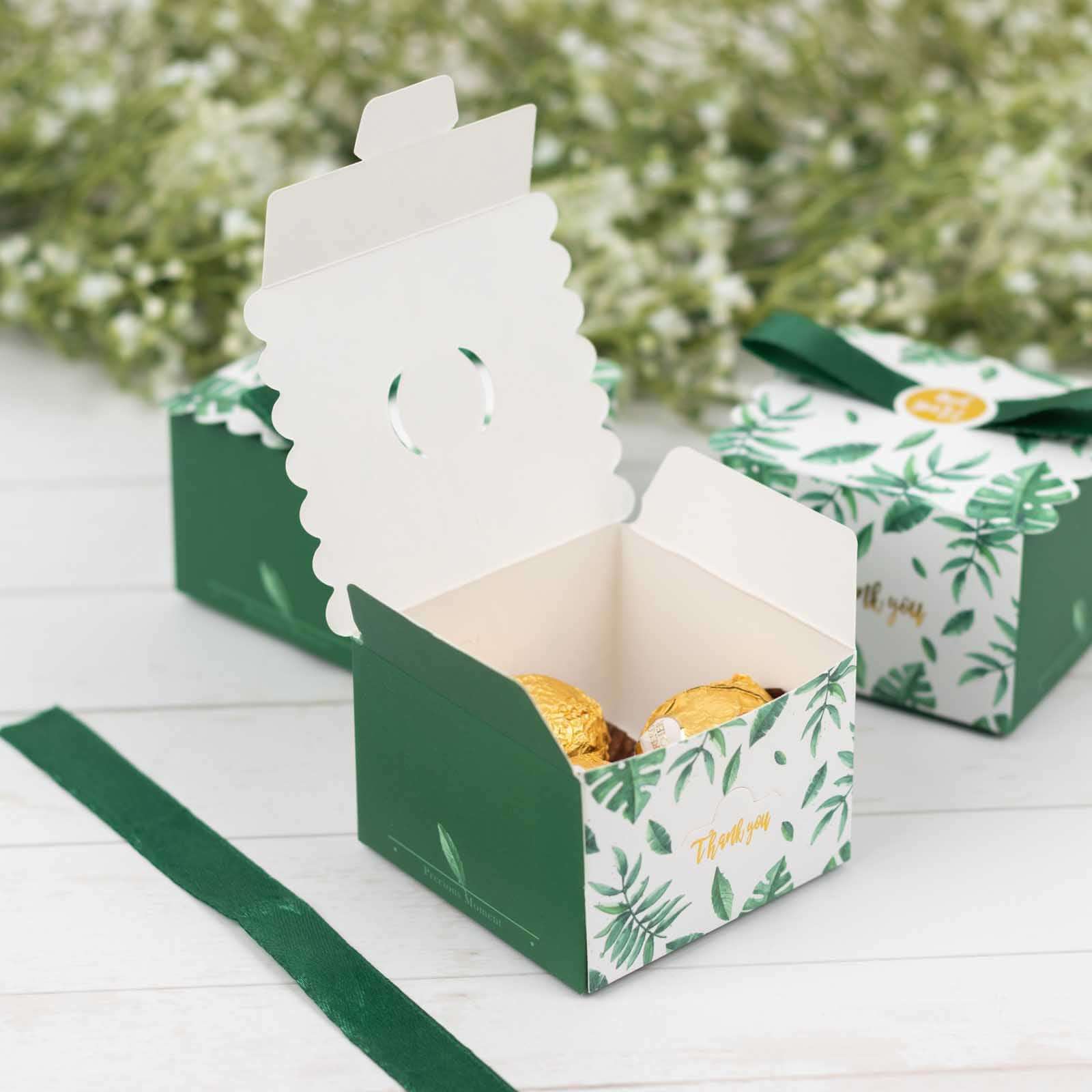 25 Pack Green Monstera Leaf Print Candy Gift Boxes with Satin Ribbon Bow, Thank You Cardstock Paper Party Favor Boxes - 2.5"x2.5"x2" - Bell Racket Store