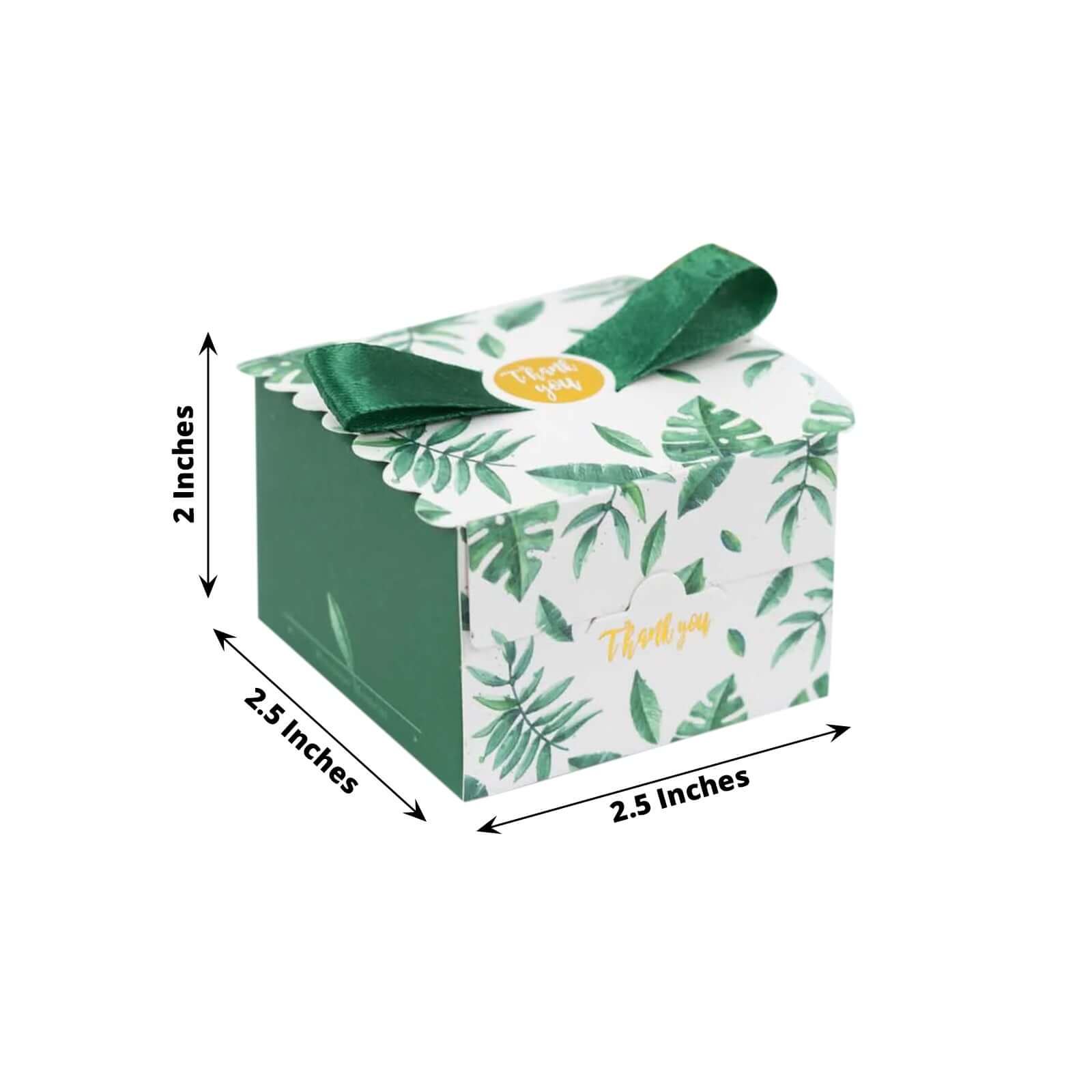 25 Pack Green Monstera Leaf Print Candy Gift Boxes with Satin Ribbon Bow, Thank You Cardstock Paper Party Favor Boxes - 2.5"x2.5"x2" - Bell Racket Store