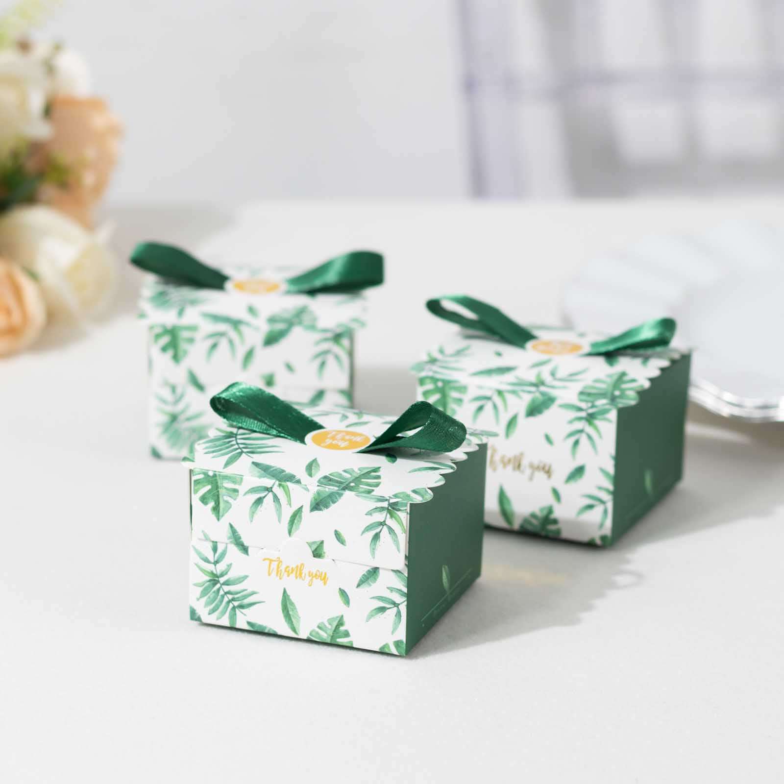 25 Pack Green Monstera Leaf Print Candy Gift Boxes with Satin Ribbon Bow, Thank You Cardstock Paper Party Favor Boxes - 2.5"x2.5"x2" - Bell Racket Store