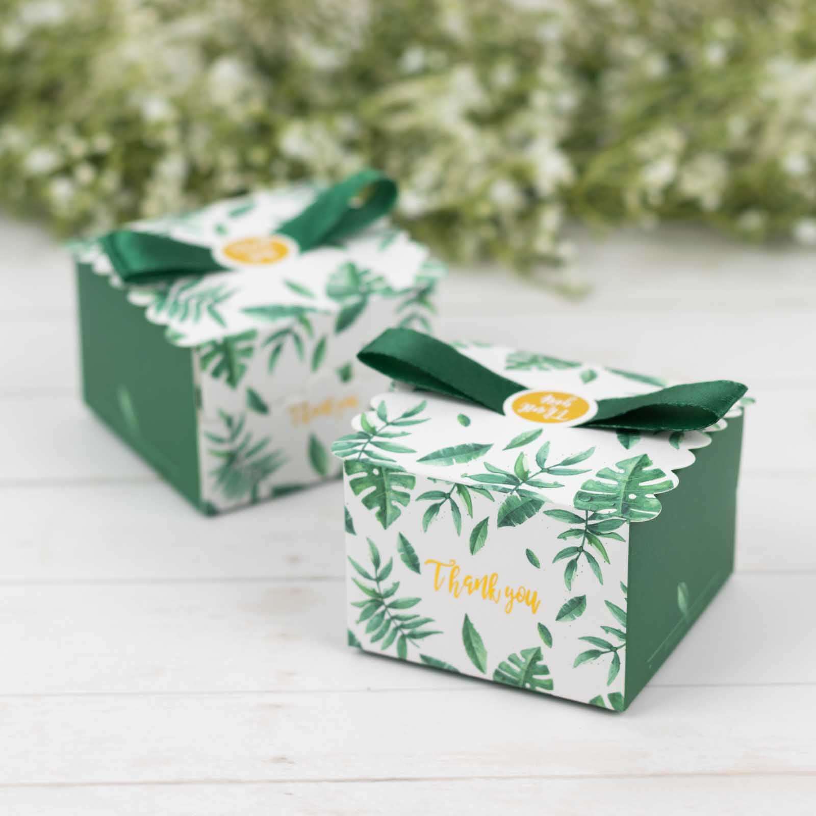 25 Pack Green Monstera Leaf Print Candy Gift Boxes with Satin Ribbon Bow, Thank You Cardstock Paper Party Favor Boxes - 2.5"x2.5"x2" - Bell Racket Store