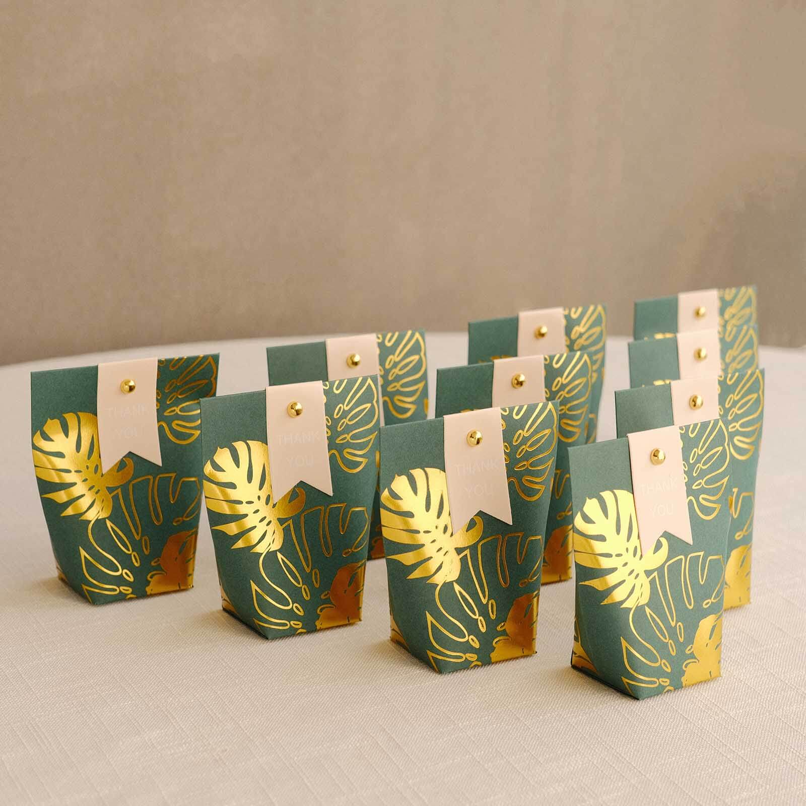 25 Pack Hunter Emerald Green Paper Pouch Candy Gift Bags With Gold Monstera Leaves Print, Party Favor Boxes with Pin and Tags - 4.5"x4" - Bell Racket Store