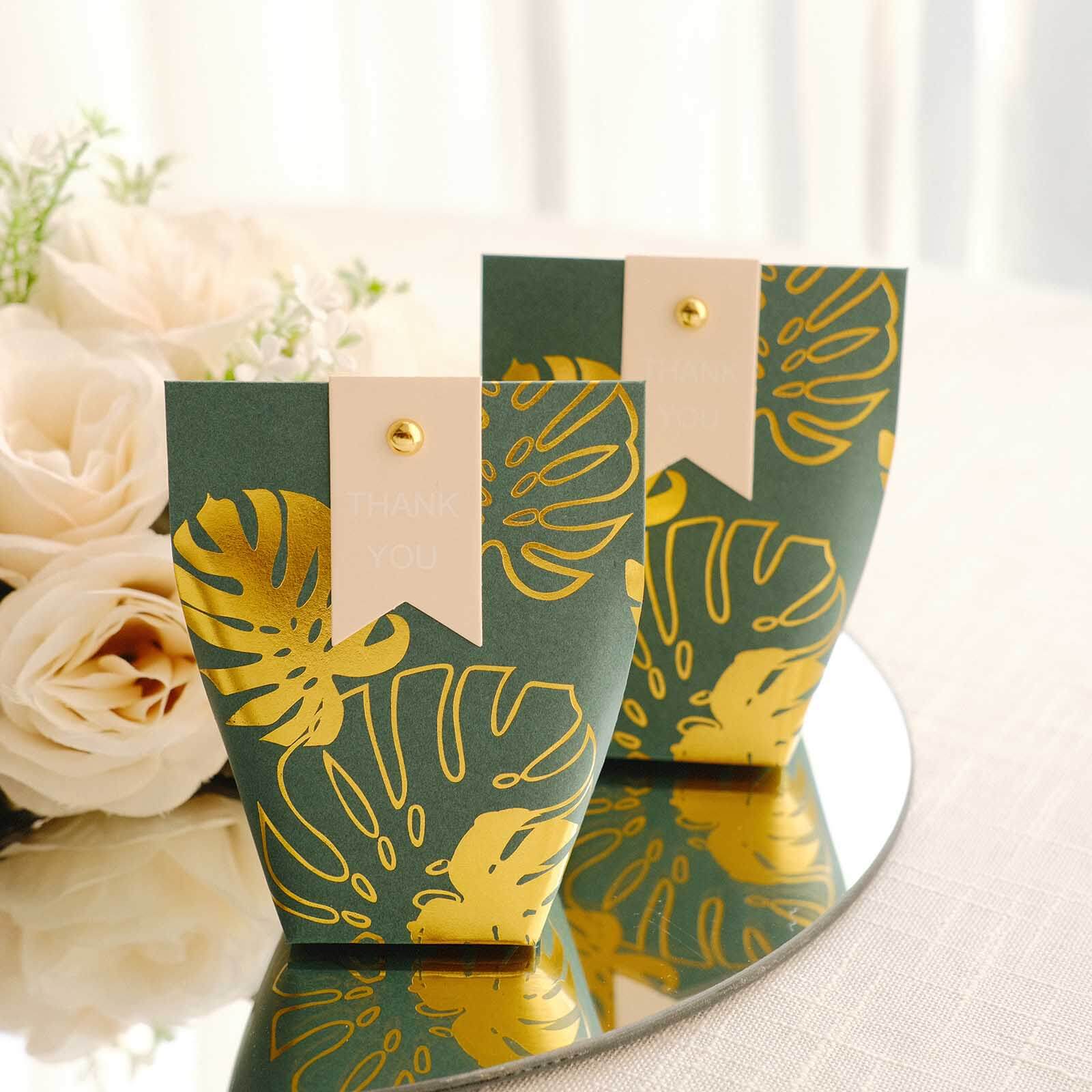 25 Pack Hunter Emerald Green Paper Pouch Candy Gift Bags With Gold Monstera Leaves Print, Party Favor Boxes with Pin and Tags - 4.5"x4" - Bell Racket Store
