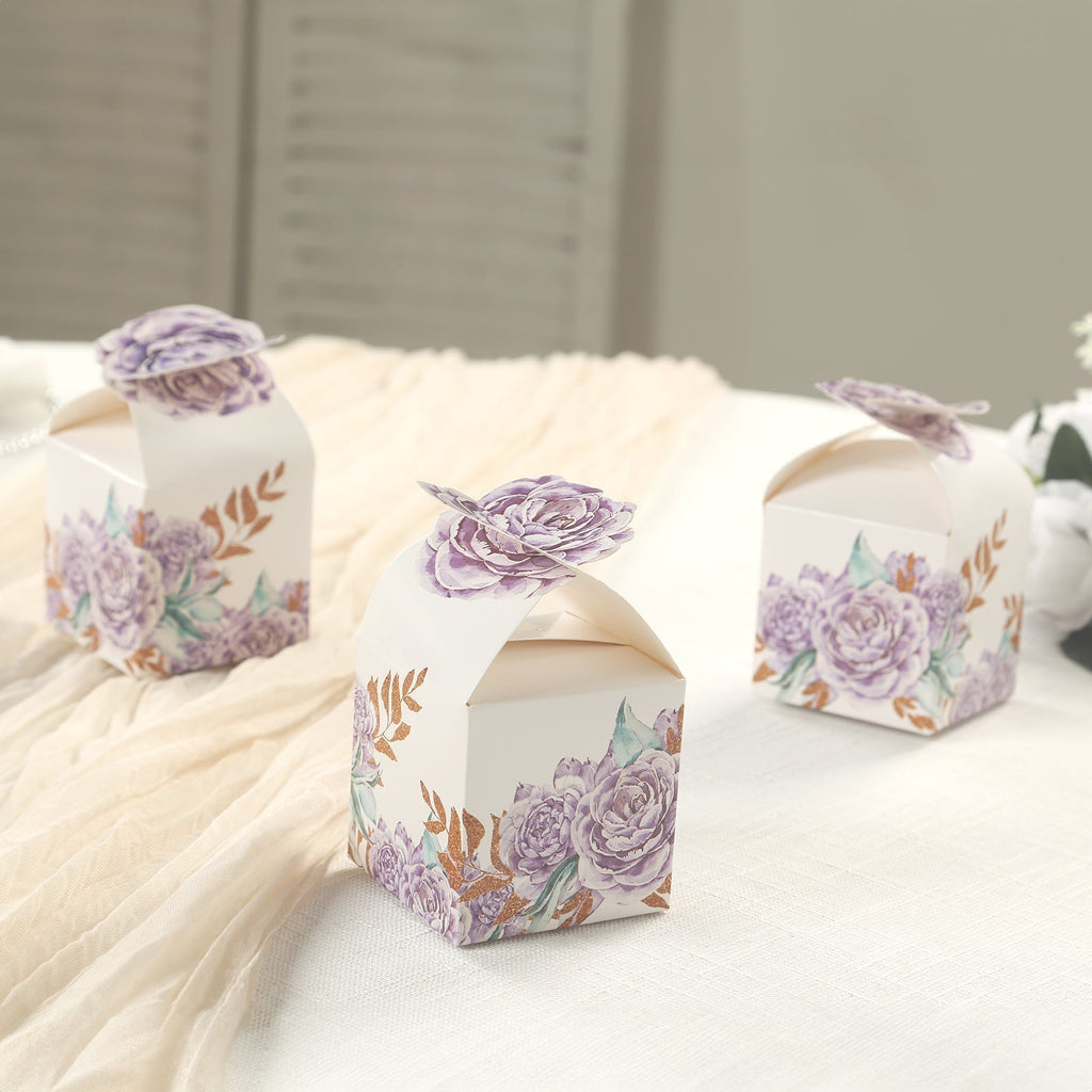 25 Pack Lavender Peony Floral Top Candy Gift Boxes, Lilac Cardstock Paper Party Favor Boxes - 3"x3"x5" - Bell Racket Store
