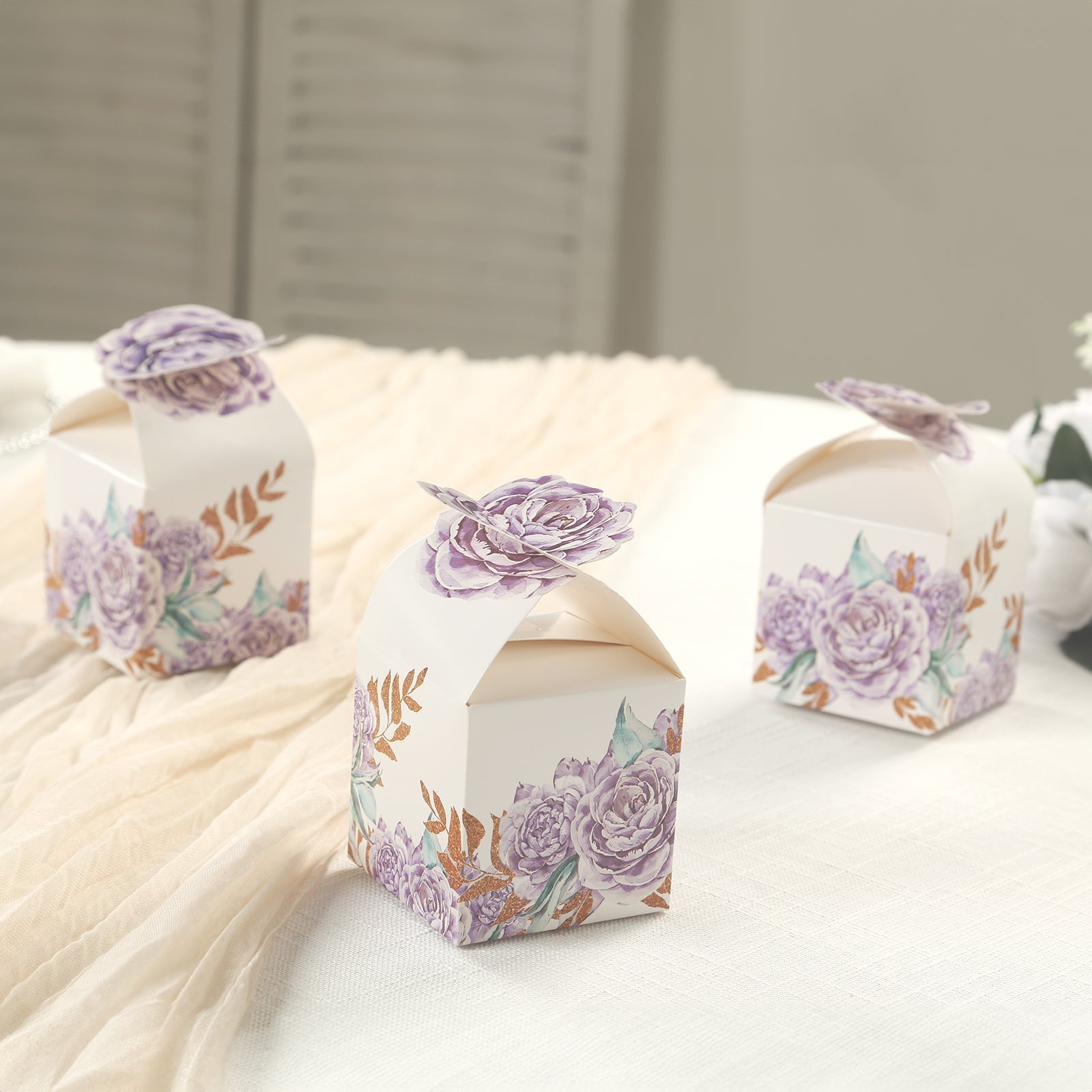 25 Pack Lavender Peony Floral Top Candy Gift Boxes, Lilac Cardstock Paper Party Favor Boxes - 3"x3"x5" - Bell Racket Store