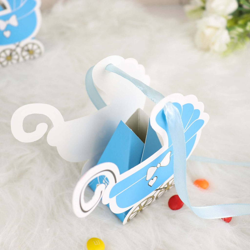 25 Pack Light Blue Baby Paper Stroller Party Favor Gift Boxes, Cardstock Carriage Candy Boxes with Ribbon Ties - 4.5"x2"x4" - Bell Racket Store
