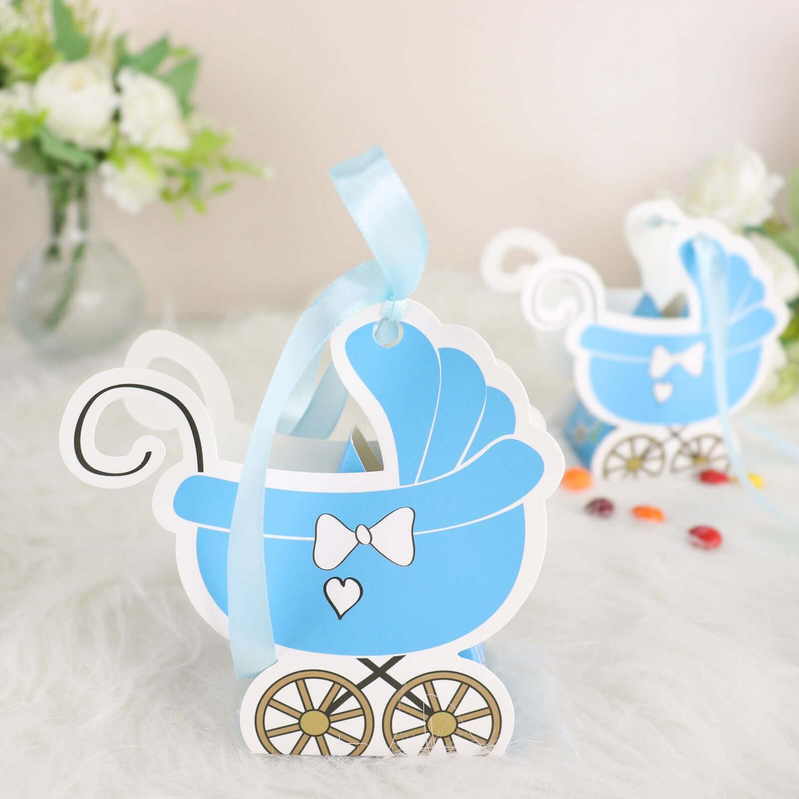 25 Pack Light Blue Baby Paper Stroller Party Favor Gift Boxes, Cardstock Carriage Candy Boxes with Ribbon Ties - 4.5"x2"x4" - Bell Racket Store