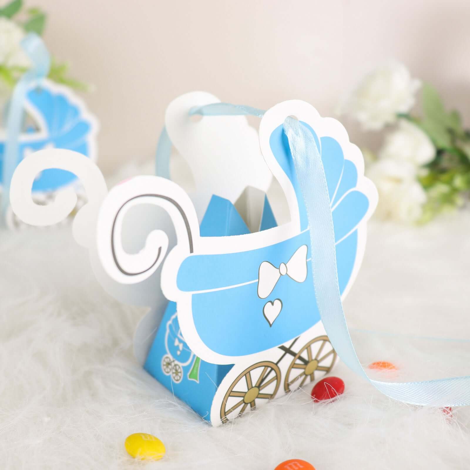 25 Pack Light Blue Baby Paper Stroller Party Favor Gift Boxes, Cardstock Carriage Candy Boxes with Ribbon Ties - 4.5"x2"x4" - Bell Racket Store