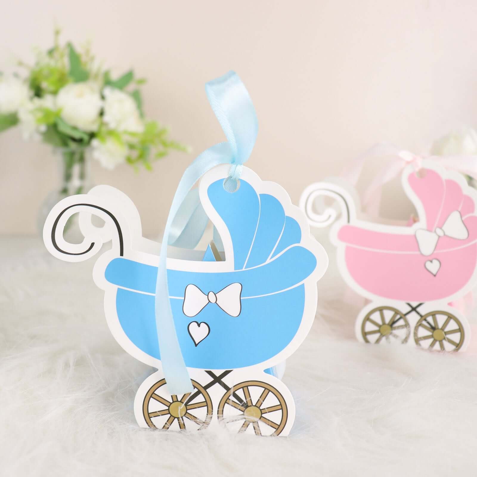 25 Pack Light Blue Baby Paper Stroller Party Favor Gift Boxes, Cardstock Carriage Candy Boxes with Ribbon Ties - 4.5"x2"x4" - Bell Racket Store