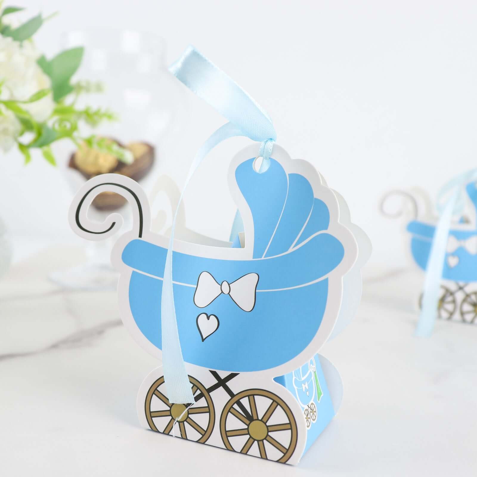 25 Pack Light Blue Baby Paper Stroller Party Favor Gift Boxes, Cardstock Carriage Candy Boxes with Ribbon Ties - 4.5"x2"x4" - Bell Racket Store