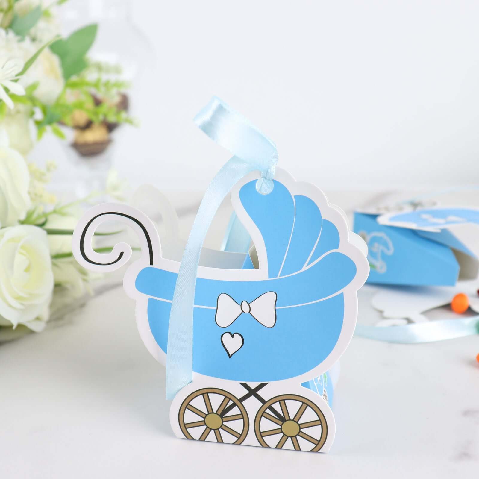 25 Pack Light Blue Baby Paper Stroller Party Favor Gift Boxes, Cardstock Carriage Candy Boxes with Ribbon Ties - 4.5"x2"x4" - Bell Racket Store