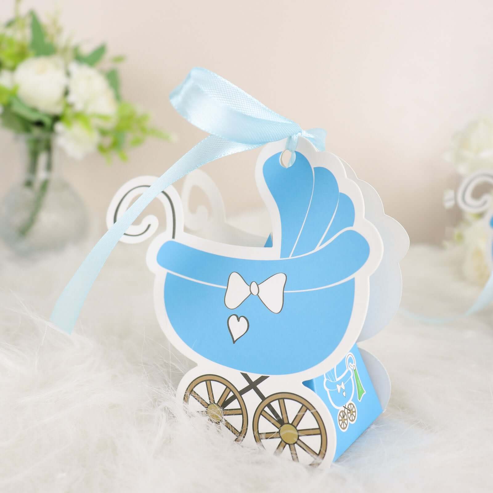 25 Pack Light Blue Baby Paper Stroller Party Favor Gift Boxes, Cardstock Carriage Candy Boxes with Ribbon Ties - 4.5"x2"x4" - Bell Racket Store