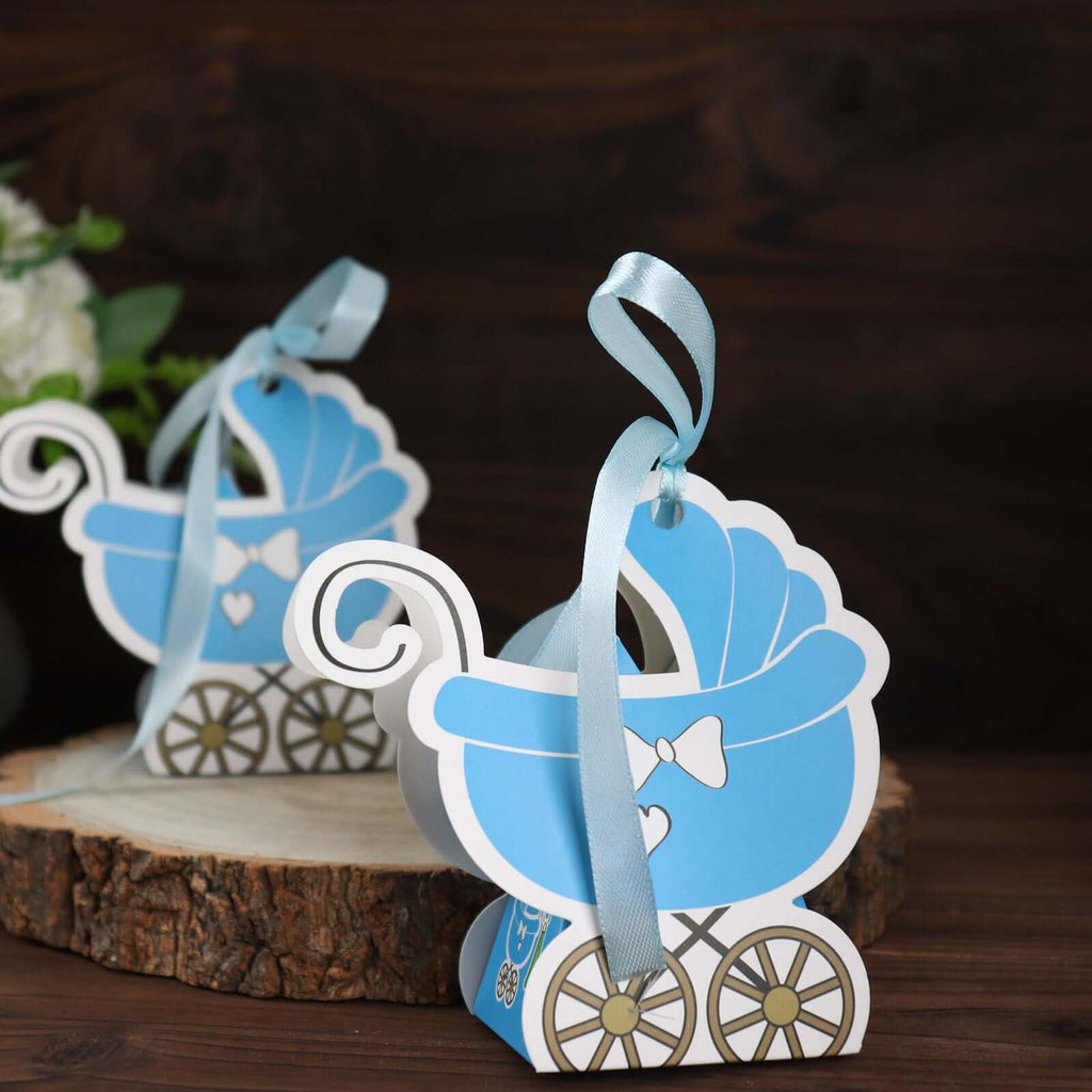 25 Pack Light Blue Baby Paper Stroller Party Favor Gift Boxes, Cardstock Carriage Candy Boxes with Ribbon Ties - 4.5"x2"x4" - Bell Racket Store
