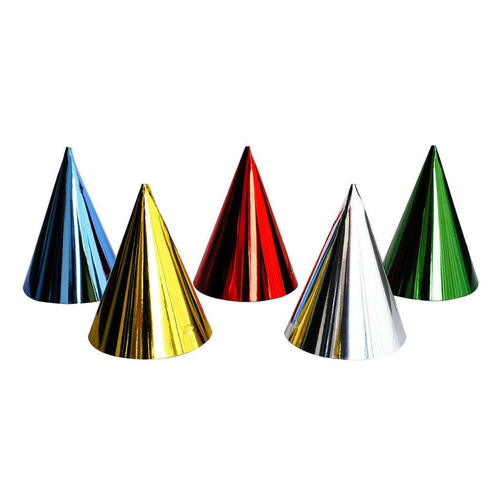 25 Pack Mixed Metallic Foil Cone Party Hats, Pre - Strung Paper Birthday Hats - 5"x7" - Bell Racket Store