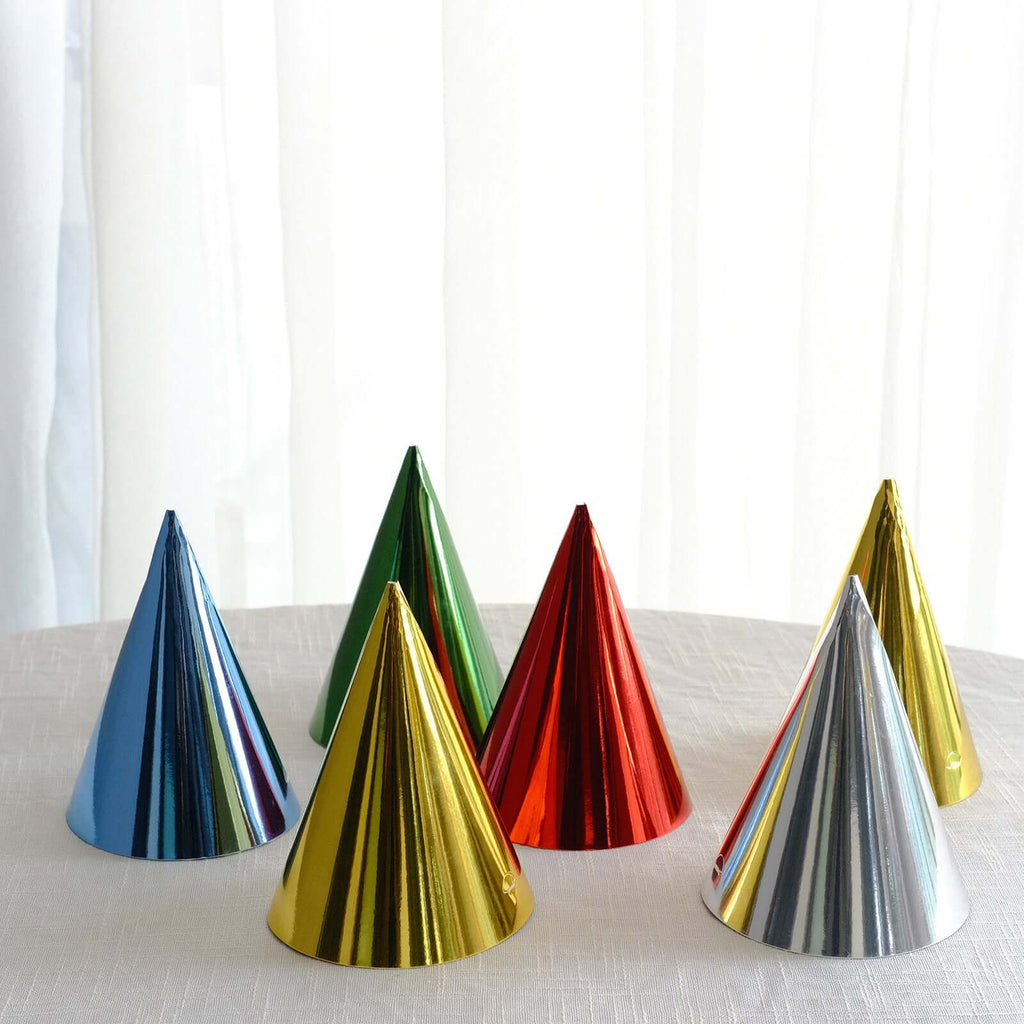25 Pack Mixed Metallic Foil Cone Party Hats, Pre - Strung Paper Birthday Hats - 5"x7" - Bell Racket Store