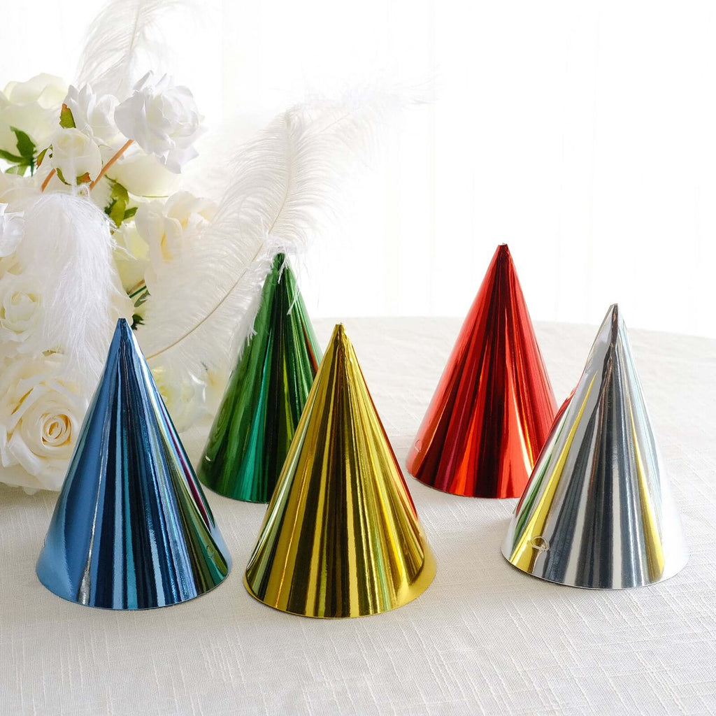 25 Pack Mixed Metallic Foil Cone Party Hats, Pre - Strung Paper Birthday Hats - 5"x7" - Bell Racket Store