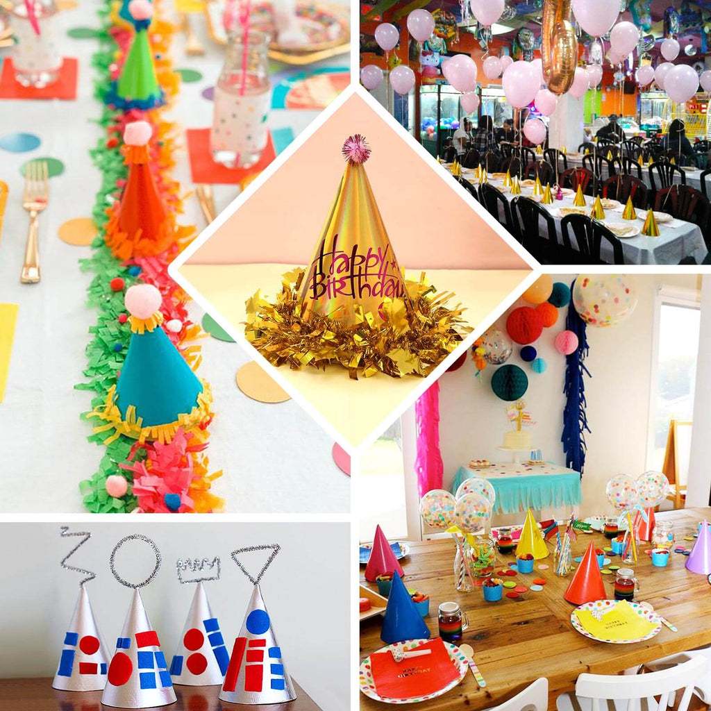 25 Pack Mixed Metallic Foil Cone Party Hats, Pre - Strung Paper Birthday Hats - 5"x7" - Bell Racket Store